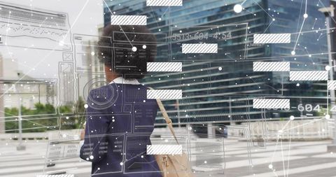 Businesswoman standing at urban crosswalk carrying tote with ar data overlay network