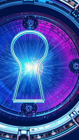Neon Keyhole Pulsing Inside Rotating Vault Ring Vertical Cyber Tech Motion Background