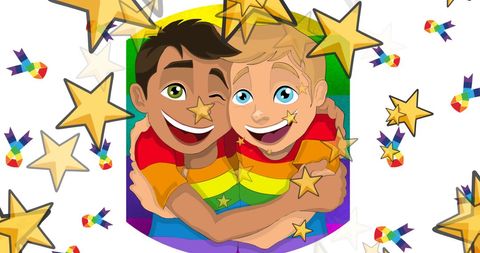 Rainbow friendship and lgbt pride celebration with falling stars
