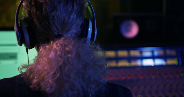 Back view of music producer wearing headphones working on studio soundboard. Suitable for use in articles or advertisements involving music production, audio engineering, recording studios, or professional audio services.