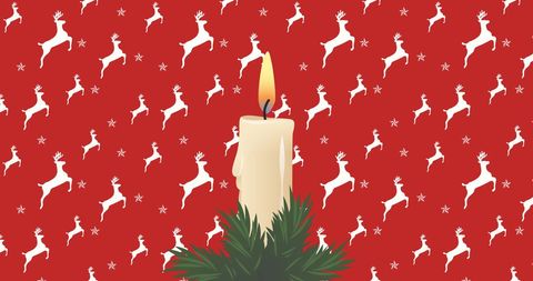 Festive Candle with Reindeer Pattern on Red Christmas Background