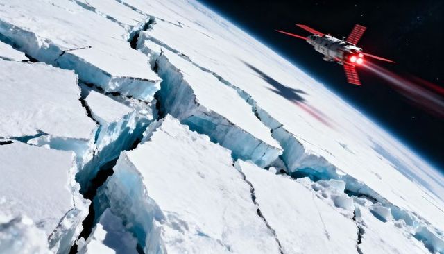 Crimson spacecraft hovering over cracked polar ice floes with twin thrusters casting shadow