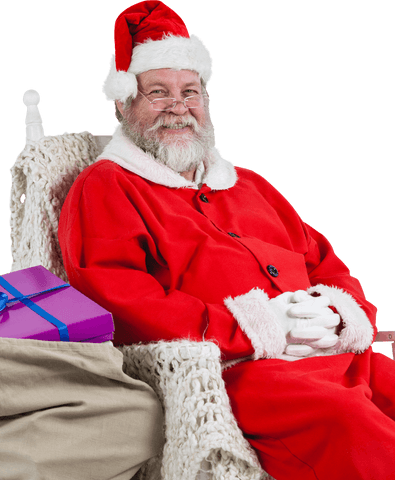 Transparent Portrait of Santa Claus Sitting with Christmas Gifts