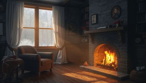 Sunlight streaming across cozy rustic living room with burning fireplace and armchair