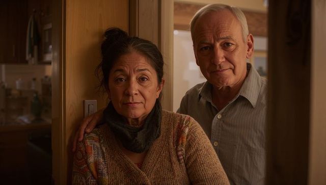 Senior couple standing in doorway sharing quiet intimate moment in cozy home