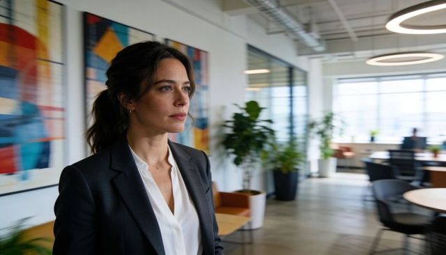 Confident female executive gazing across modern coworking office with artwork and greenery