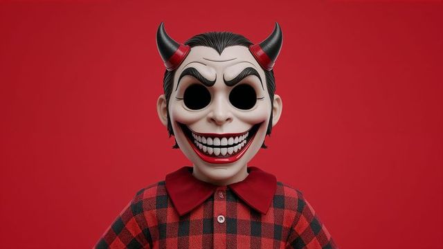 Eerie devil mask person in red plaid shirt on red background