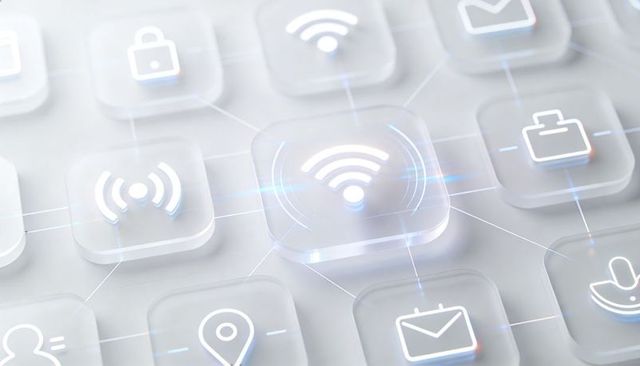 Glowing wi-fi tile hovering above frosted glass panels showing wireless network security