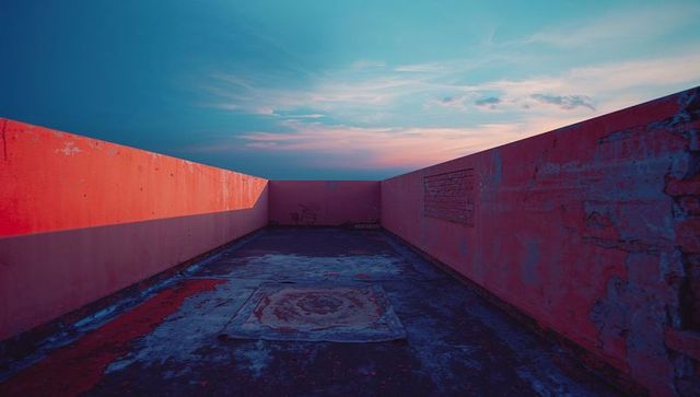 Moody urban terrace at dusk with vibrant red concrete walls