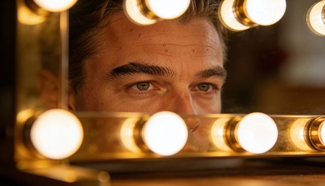 Introspective actor gazing in backstage vanity mirror with warm bulb lighting closeup eyes