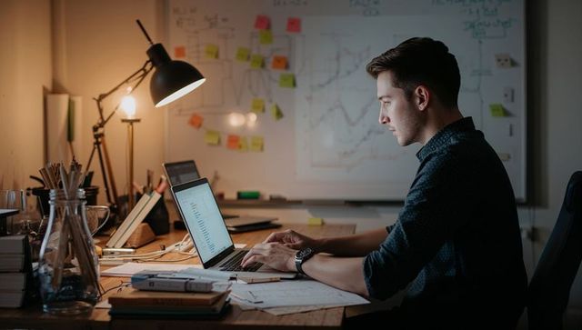 Young professional working late on laptop at home desk with whiteboard and charts