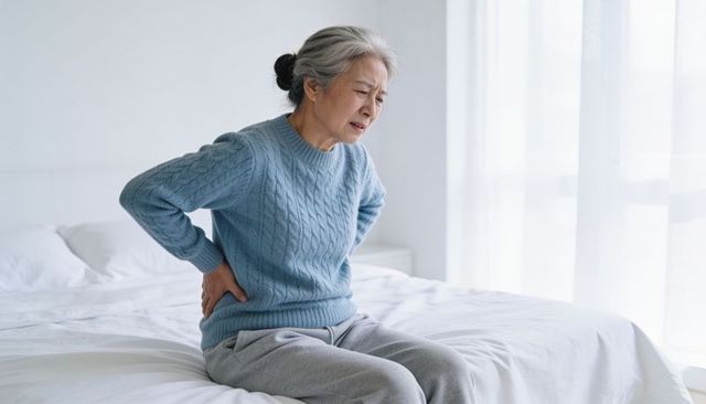 Senior woman holding lower back while sitting on bed, experiencing lumbar pain in bright bedroom