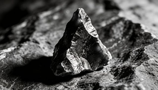 Jagged triangular mineral specimen resting on rocky slab under dramatic studio lighting