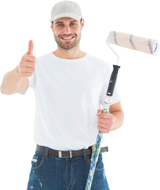 Happy Painter Gesturing Thumbs Up Holding Roller Brush - Transparent - Download Free Stock Videos Pikwizard.com