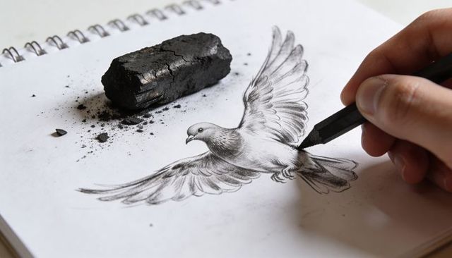 Artist drawing flying dove with charcoal on spiral sketchbook