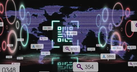 Neon QR Code and Social Media Icons on Global Digital Map - Download Free Stock Images Pikwizard.com