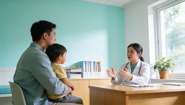 Doctor explaining child health during pediatric consultation with father in bright clinic