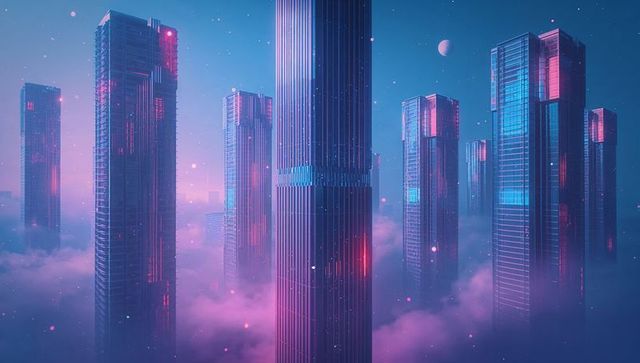 Neon-Lit Futuristic Skyscrapers Amid Pink Fog Under Moon