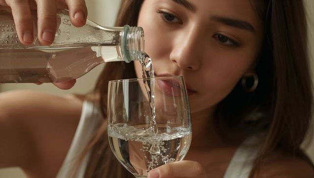 Young woman pouring sparkling water into wine glass closeup, kitchen dining lifestyle