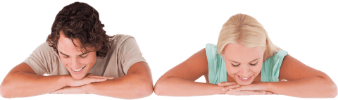 Happy Couple Leaning Transparent Display Promoting Message