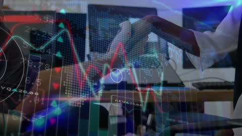 Businesswomen Shaking Hands with Financial Graphs Overlay