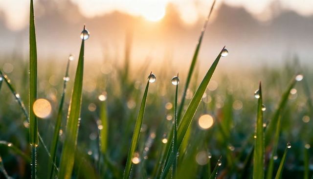 Dew droplets catching golden sunrise on grass blades with soft bokeh macro morning glow