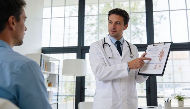 Doctor explaining anatomy to patient in modern clinic with clipboard and stethoscope