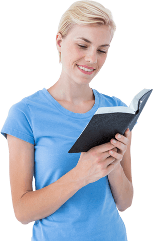 Smiling Woman in Blue Reading Transparent Book - Download Free Stock Videos Pikwizard.com