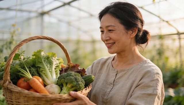 Smiling mature gardener carrying wicker basket filled with fresh organic vegetables in greenhouse