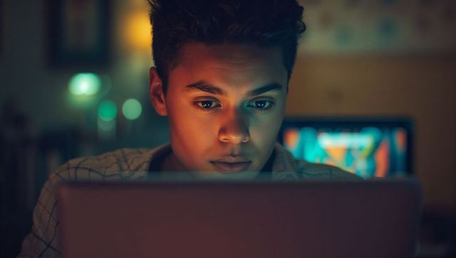 Teen Focusing on Laptop in Cozy Bedroom Workspace at Night