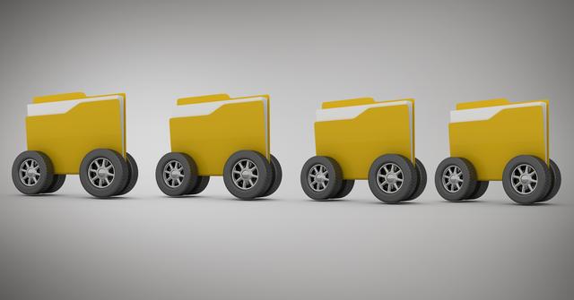 Image depicts folders with wheels symbolizing the concept of mobile data storage and information mobility. Ideal for use in contexts relating to technology, business solutions, data management, software development, and innovative storage solutions.