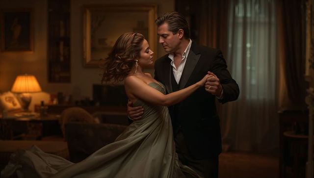Couple dancing slow waltz in refined parlor wearing tuxedo and flowing strapless gown