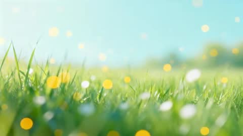 Showing sunlit grass blades swaying in gentle breeze across meadow under clear blue sky, with drifting golden and white bokeh creating dreamy foreground and background. Capturing shallow depth of field, vibrant green tones, warm highlights, and soft motion blur conveying calm, renewal, and outdoor freshness. Serving as loopable stock clip or short background footage for websites, social media headers, wellness and mindfulness apps, seasonal spring and summer campaigns, gardening and landscaping promotions, eco and sustainability presentations, corporate wellness pages, and video openers. Working well with overlay text or logo in upper area due to open sky space. Recommending slow-motion playback for soothing effect, subtle color grading to match brand palette, and cropping for vertical formats for mobile stories. Including high-contrast bokeh orbs for adding sparkle or animated particle effects.