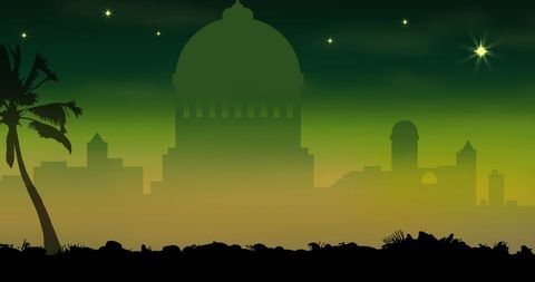 Mystical Cityscape Silhouette with Stars and Palm Trees in Green Night Sky