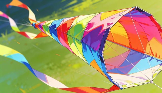 Soaring multicolor tubular kite streaming ribbon tails over green field