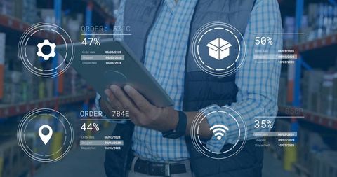 Warehouse worker analyzing digital order status on tablet in storage aisle