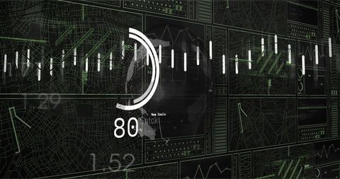Futuristic HUD Dashboard Displaying Arc Gauge 80 with Neon Green Map Traces and Sparklines