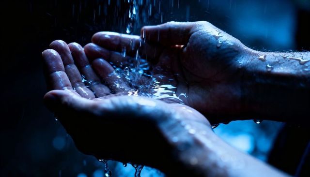 Cupped Male Hands Catching Falling Water in Blue Low Light, Close-Up Droplets