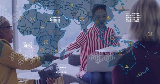 Business collaboration with world map projection in office lounge