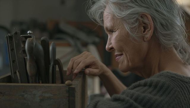 Senior woman examining vintage woodworking tools in rustic workshop, thoughtful close-up