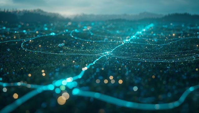 Futuristic network web spanning digital landscape