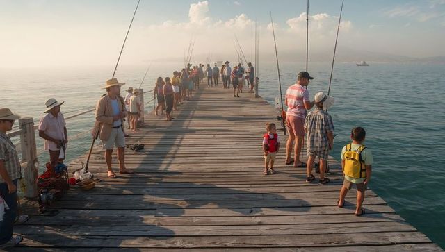 Sunlit multigenerational fishing on wooden pier at misty harbor morning, families and kids