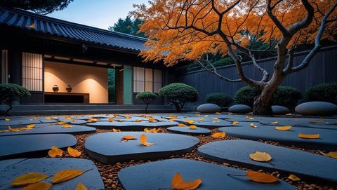 Serene japanese courtyard with autumn maple leaves