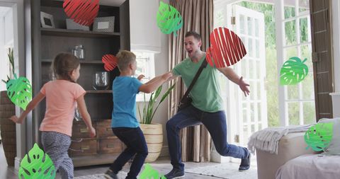 Enthusiastic Father Hugging Children in Living Room