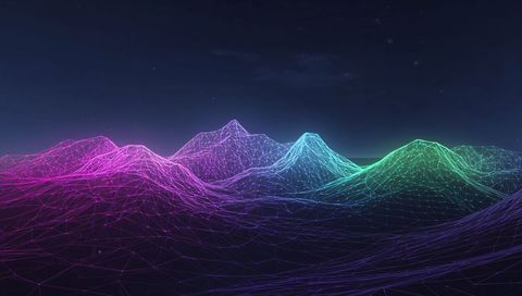 Glowing Wireframe Mountains Rising Over Neon Grid Landscape With Pink to Green Gradient