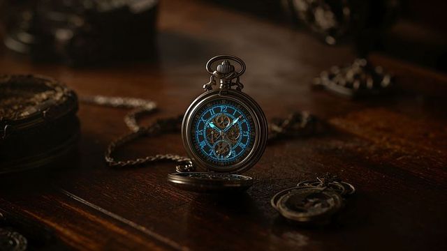 Vintage pocket watch with glowing blue dial on wooden table