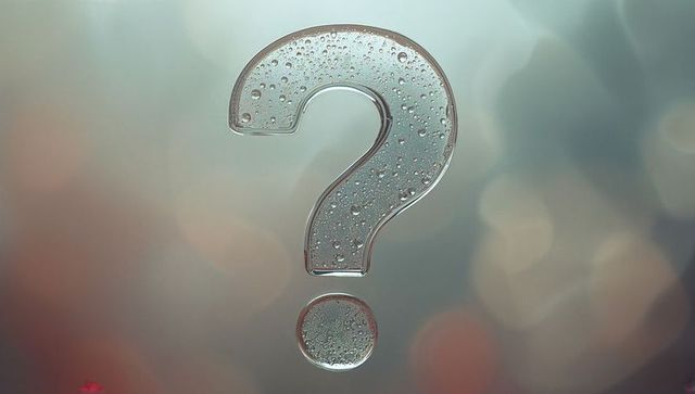 Translucent question mark with water droplets on abstract background