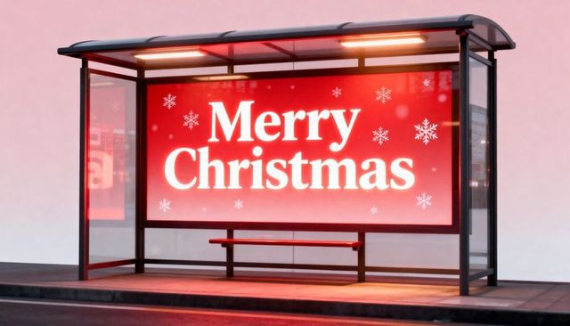 Festive bus shelter displaying illuminated merry christmas billboard on urban street stop night