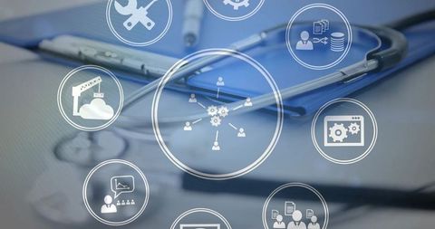 Metallic stethoscope resting on blue clipboard with telemedicine icons and cloud analytics
