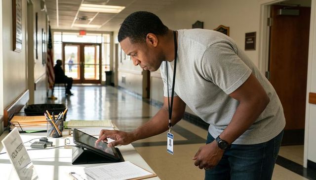 Volunteer registering on tablet at community center check-in desk with sign-in sheets